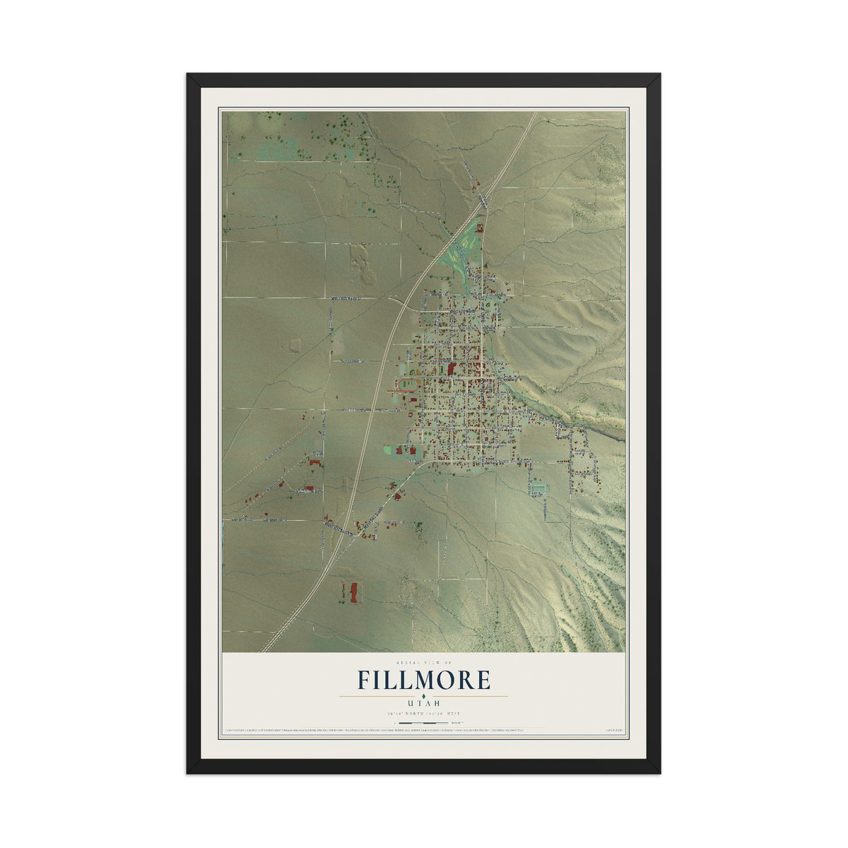 Map of Fillmore, Utah, 12 x 18 inch print in a black wood frame