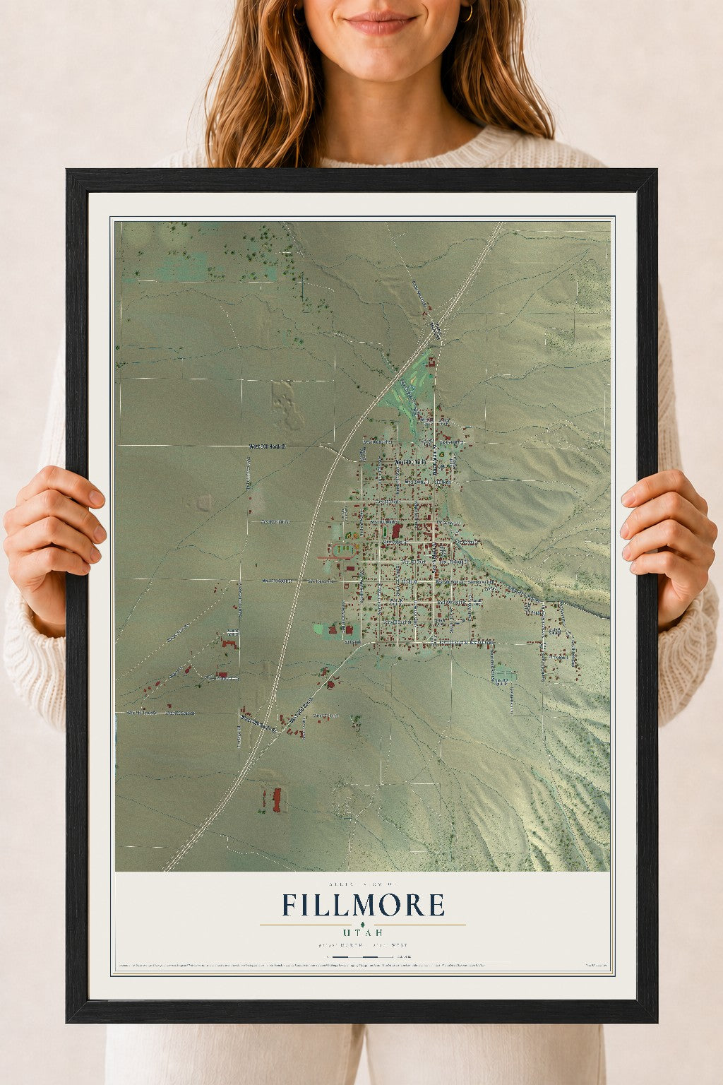Map of Fillmore, Utah, 18 x 24 inch print in a black wood frame