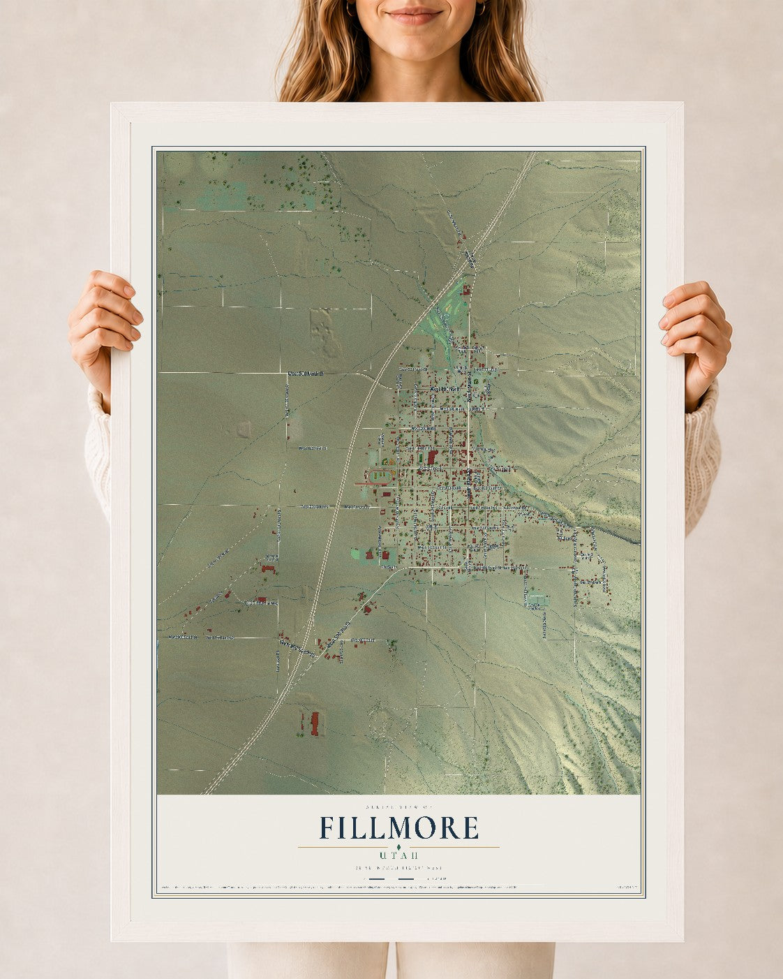 Map of Fillmore, Utah, 24 x 36 inch print in a white wood frame