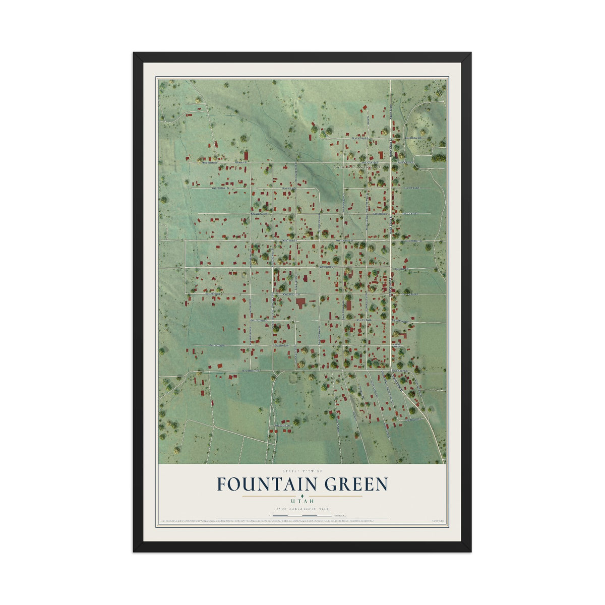 Map of Fountain Green, Utah, 12 x 18 inch print in a black wood frame