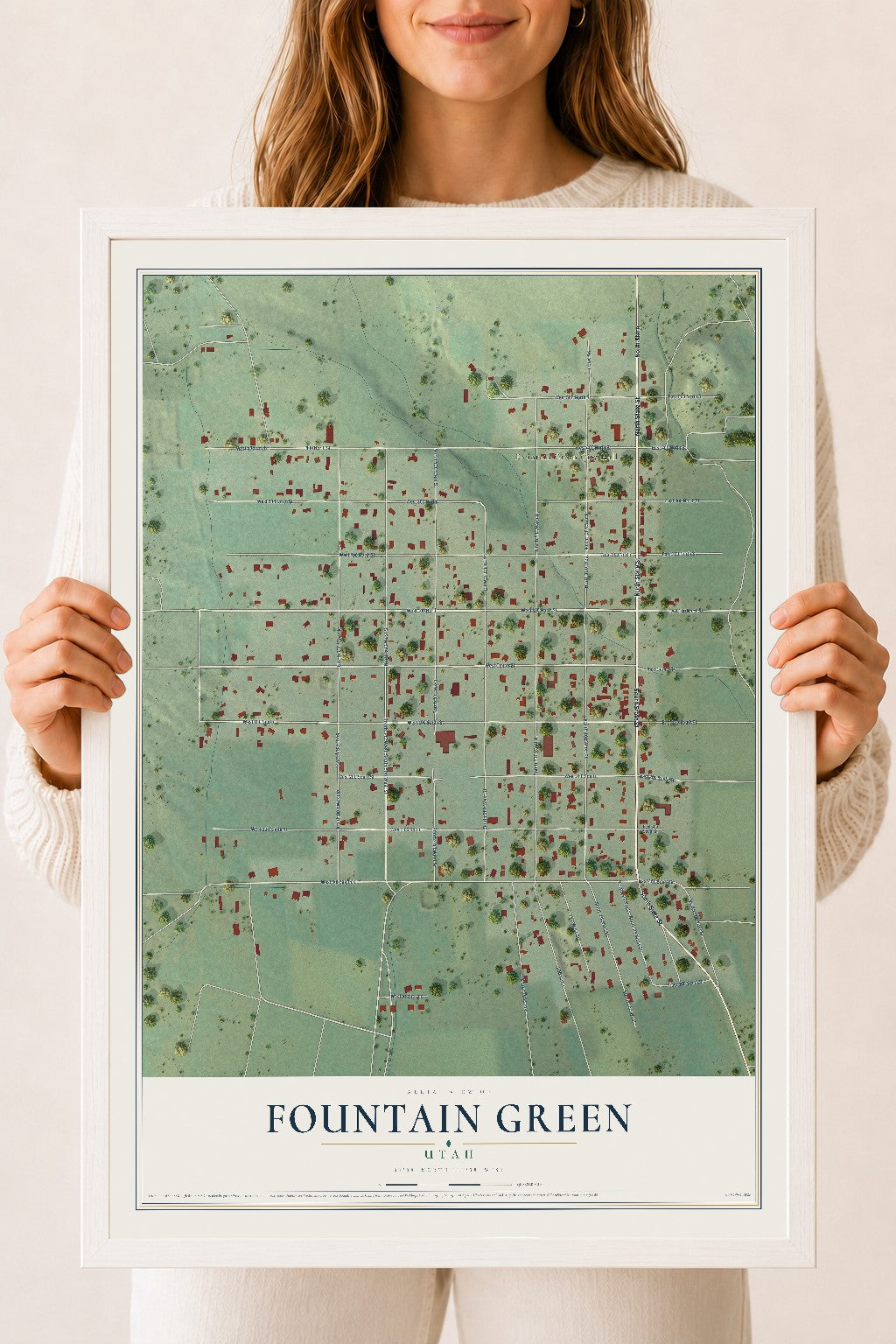 Map of Fountain Green, Utah, 18 x 24 inch print in a white wood frame