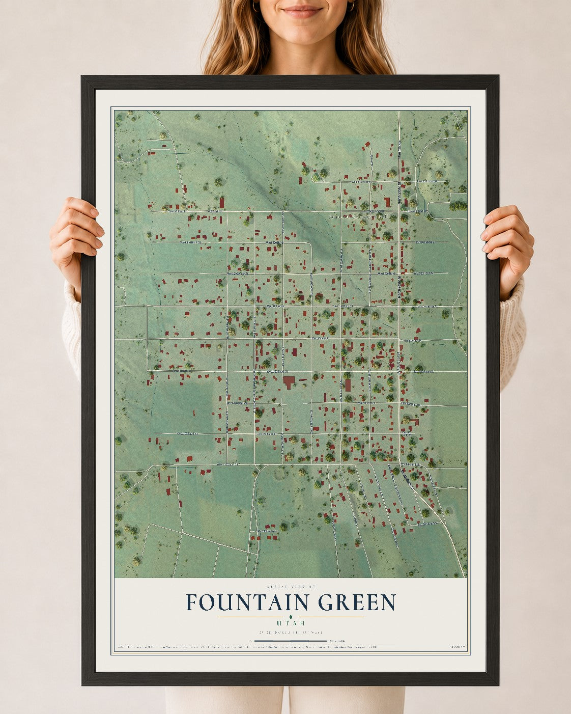 Map of Fountain Green, Utah, 24 x 36 inch print in a black wood frame