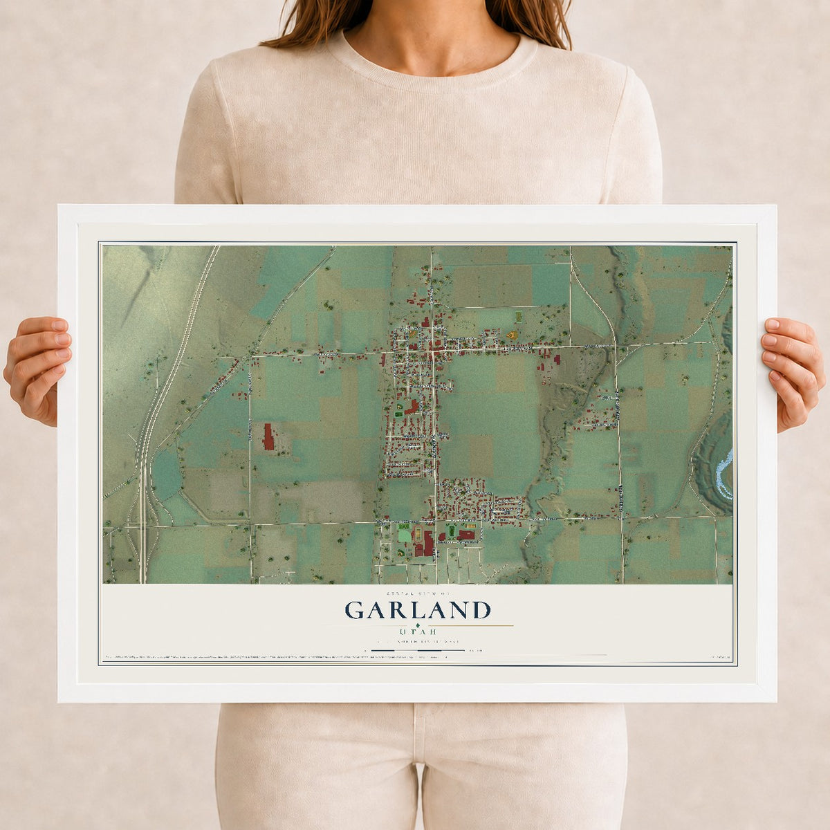 Map of Garland, Utah, 12 x 18 inch print in a white wood frame