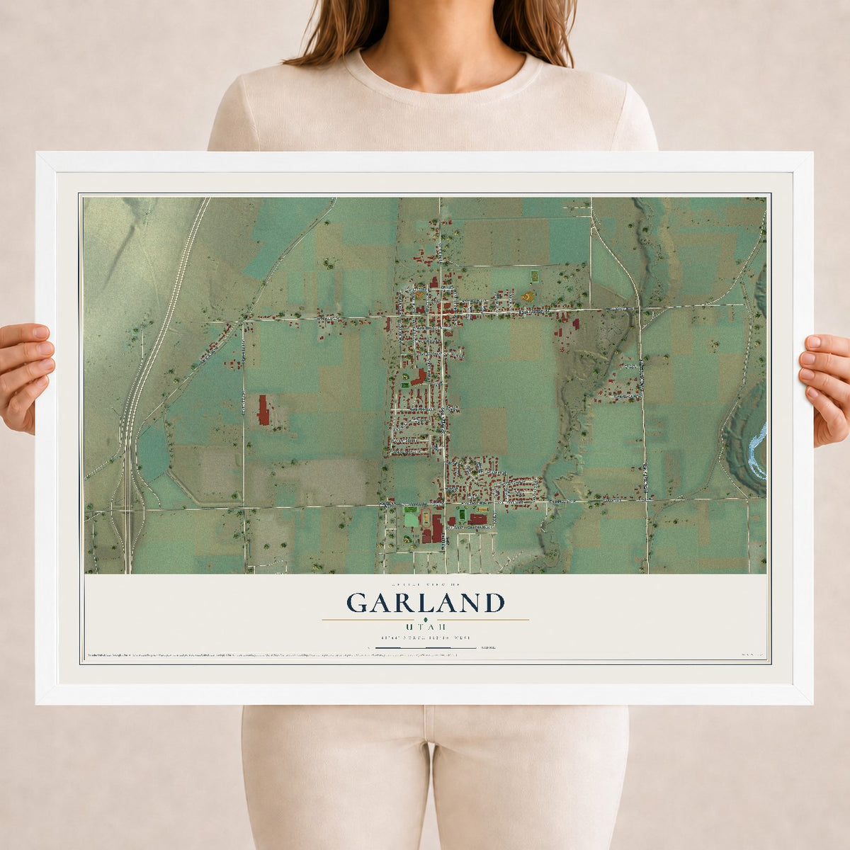 Map of Garland, Utah, 18 x 24 inch print in a white wood frame