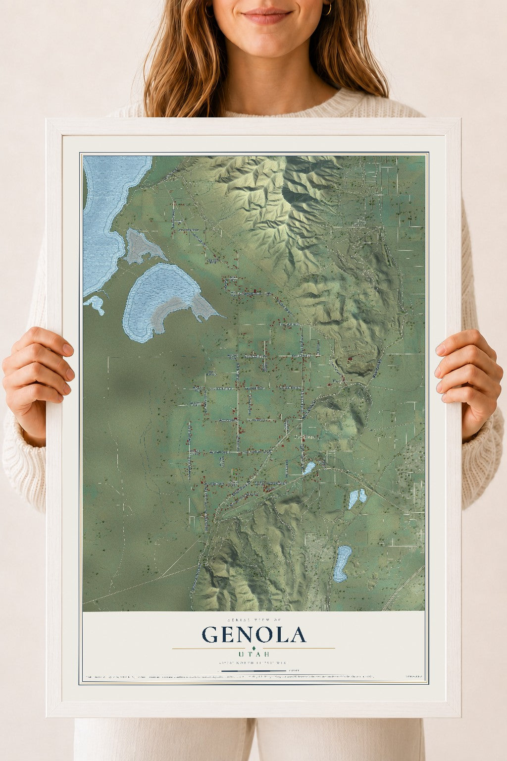 Map of Genola, Utah, 18 x 24 inch print in a white wood frame