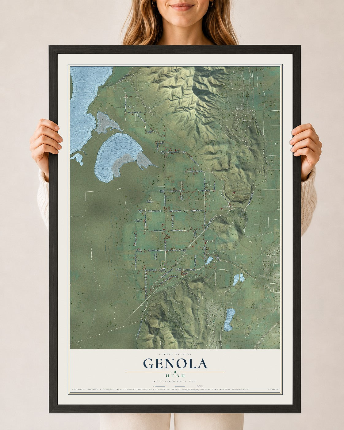 Map of Genola, Utah, 24 x 36 inch print in a black wood frame