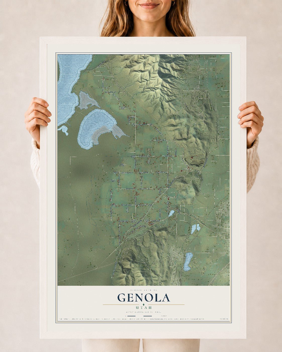 Map of Genola, Utah, 24 x 36 inch print in a white wood frame