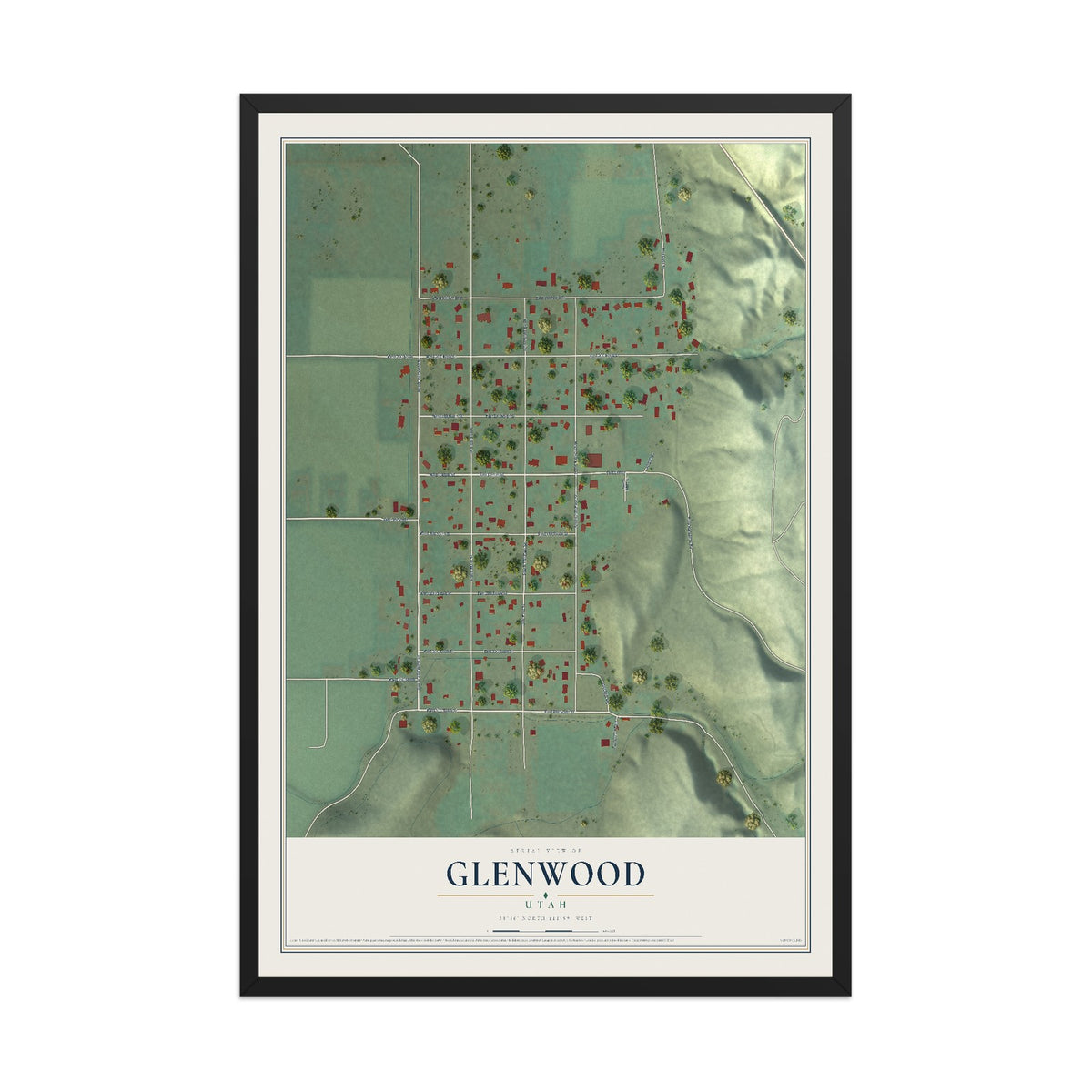 Map of Glenwood, Utah, 12 x 18 inch print in a black wood frame