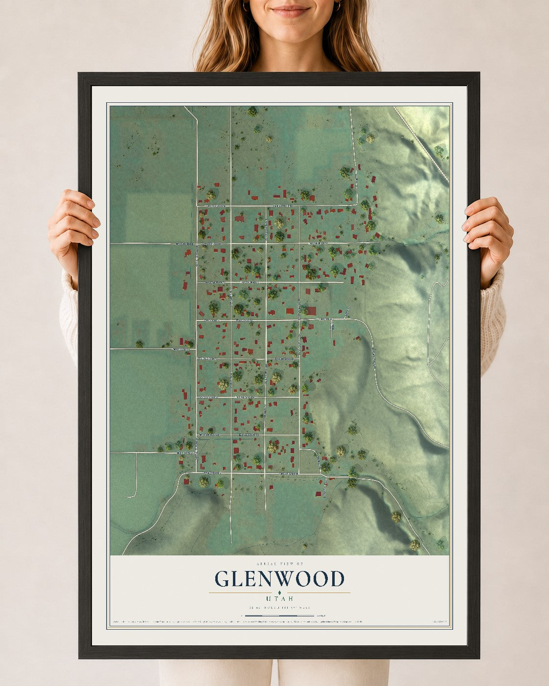 Map of Glenwood, Utah, 24 x 36 inch print in a black wood frame