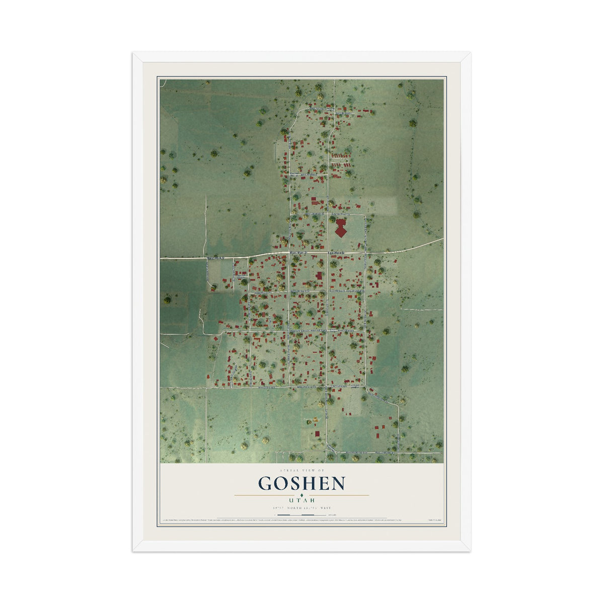 Map of Goshen, Utah, 12 x 18 inch print in a white wood frame