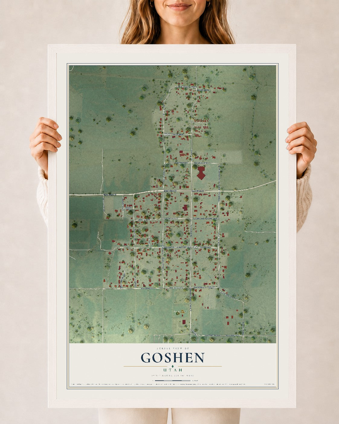 Map of Goshen, Utah, 24 x 36 inch print in a white wood frame