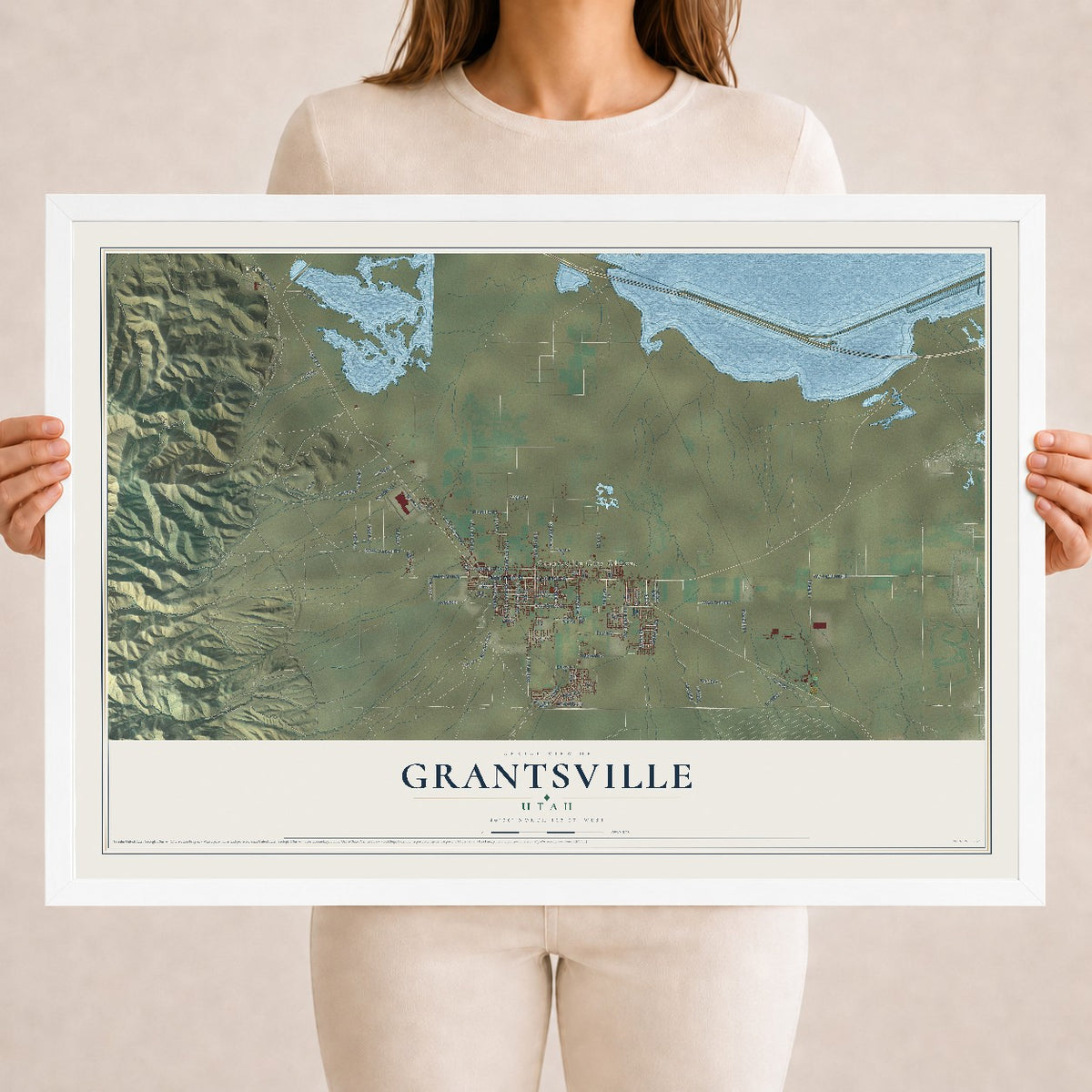 Map of Grantsville, Utah, 18 x 24 inch print in a white wood frame