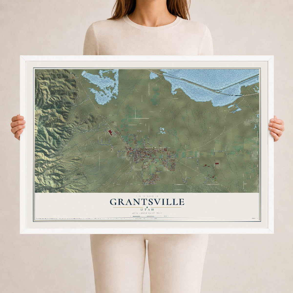 Map of Grantsville, Utah, 24 x 36 inch print in a white wood frame