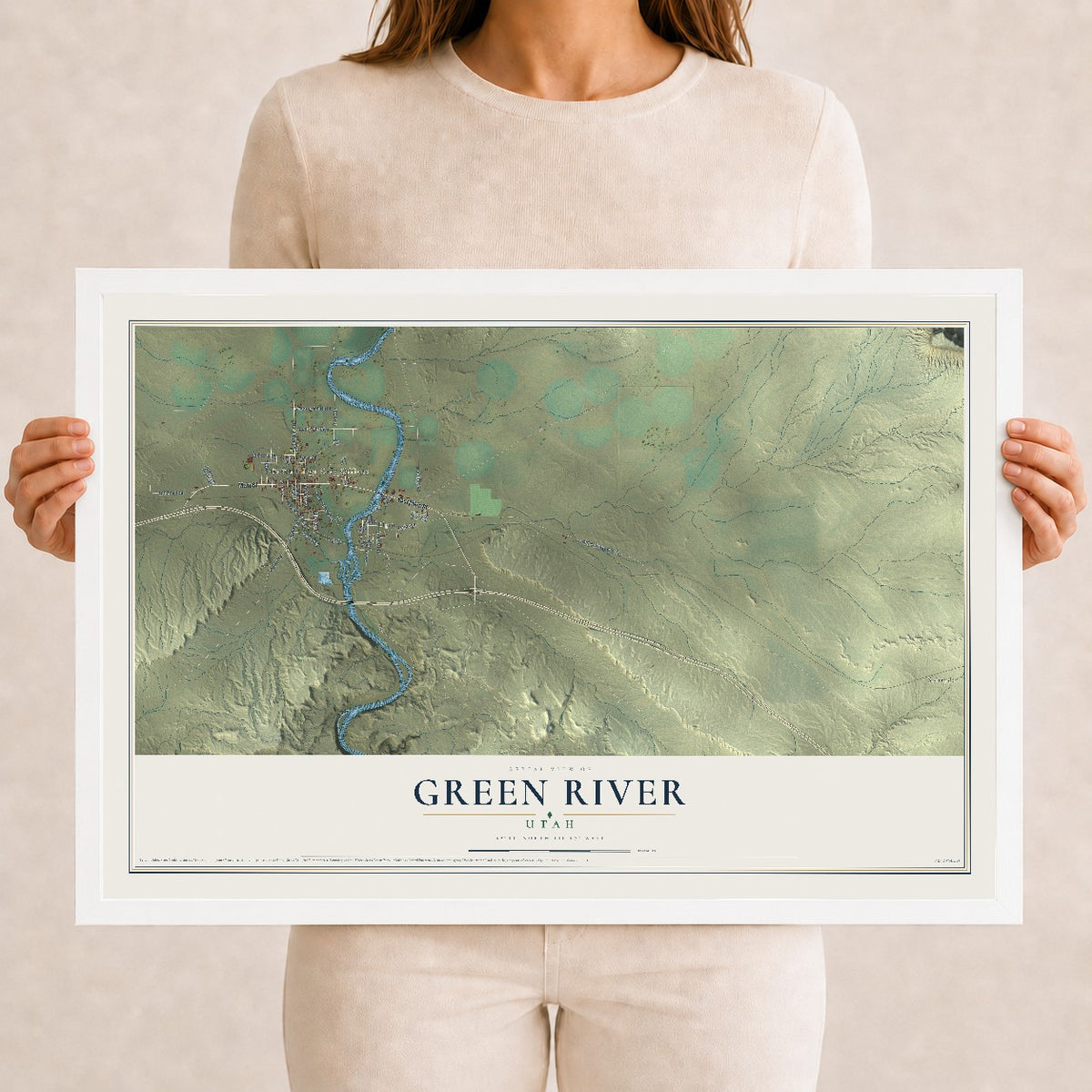 Map of Green River, Utah, 12 x 18 inch print in a white wood frame