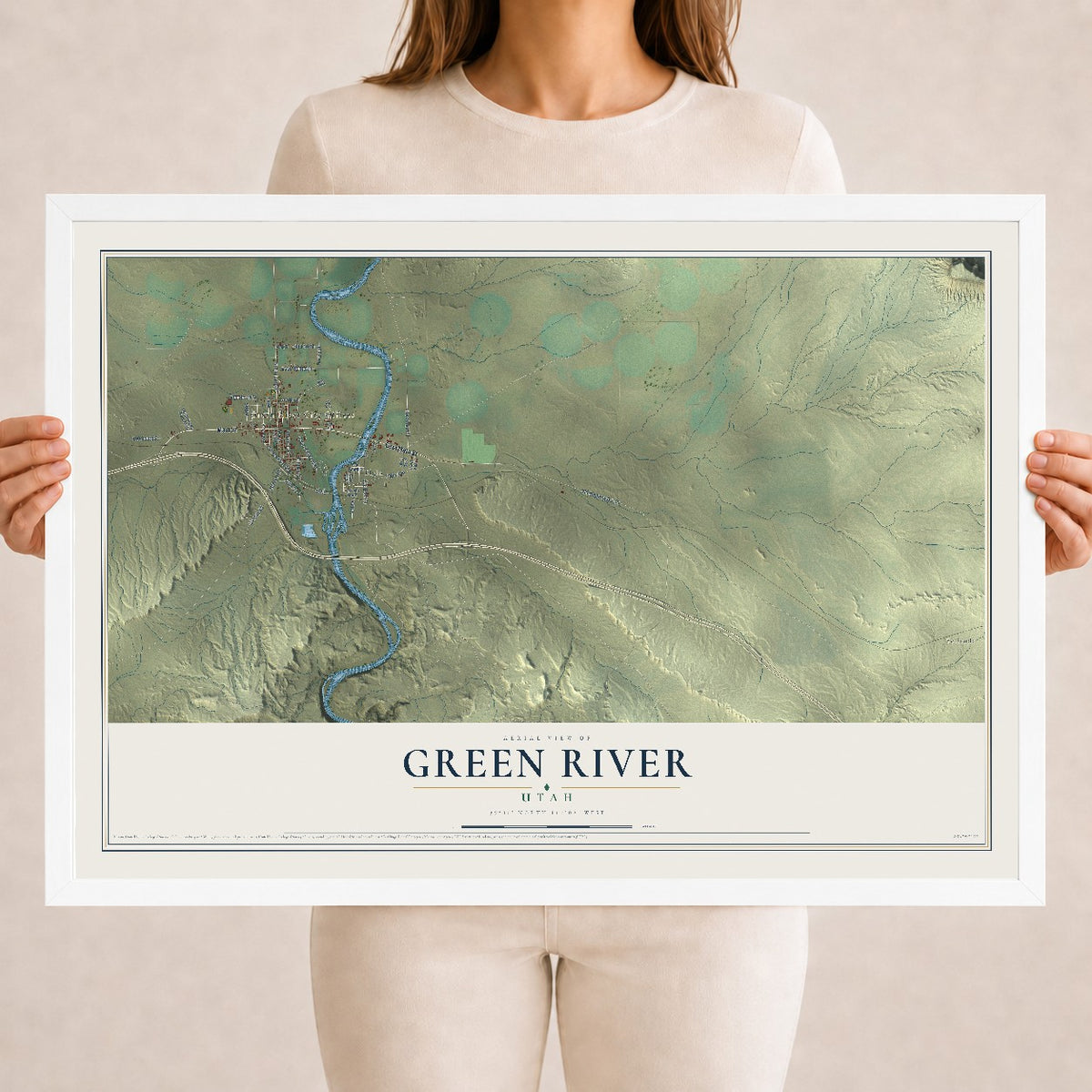 Map of Green River, Utah, 18 x 24 inch print in a white wood frame