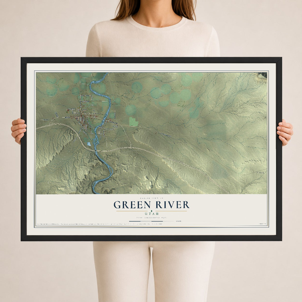 Map of Green River, Utah, 24 x 36 inch print in a black wood frame