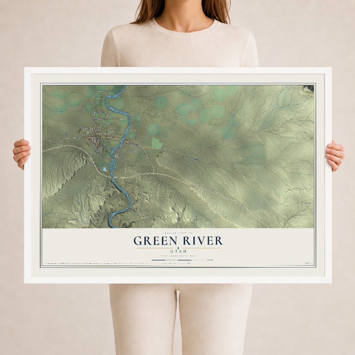 Map of Green River, Utah, 24 x 36 inch print in a white wood frame