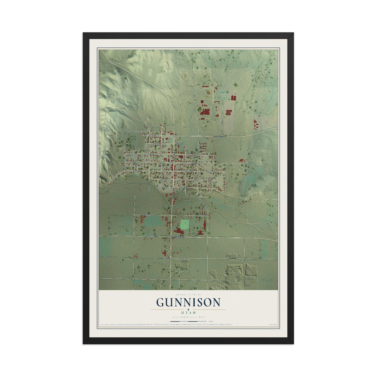 Map of Gunnison, Utah, 12 x 18 inch print in a black wood frame