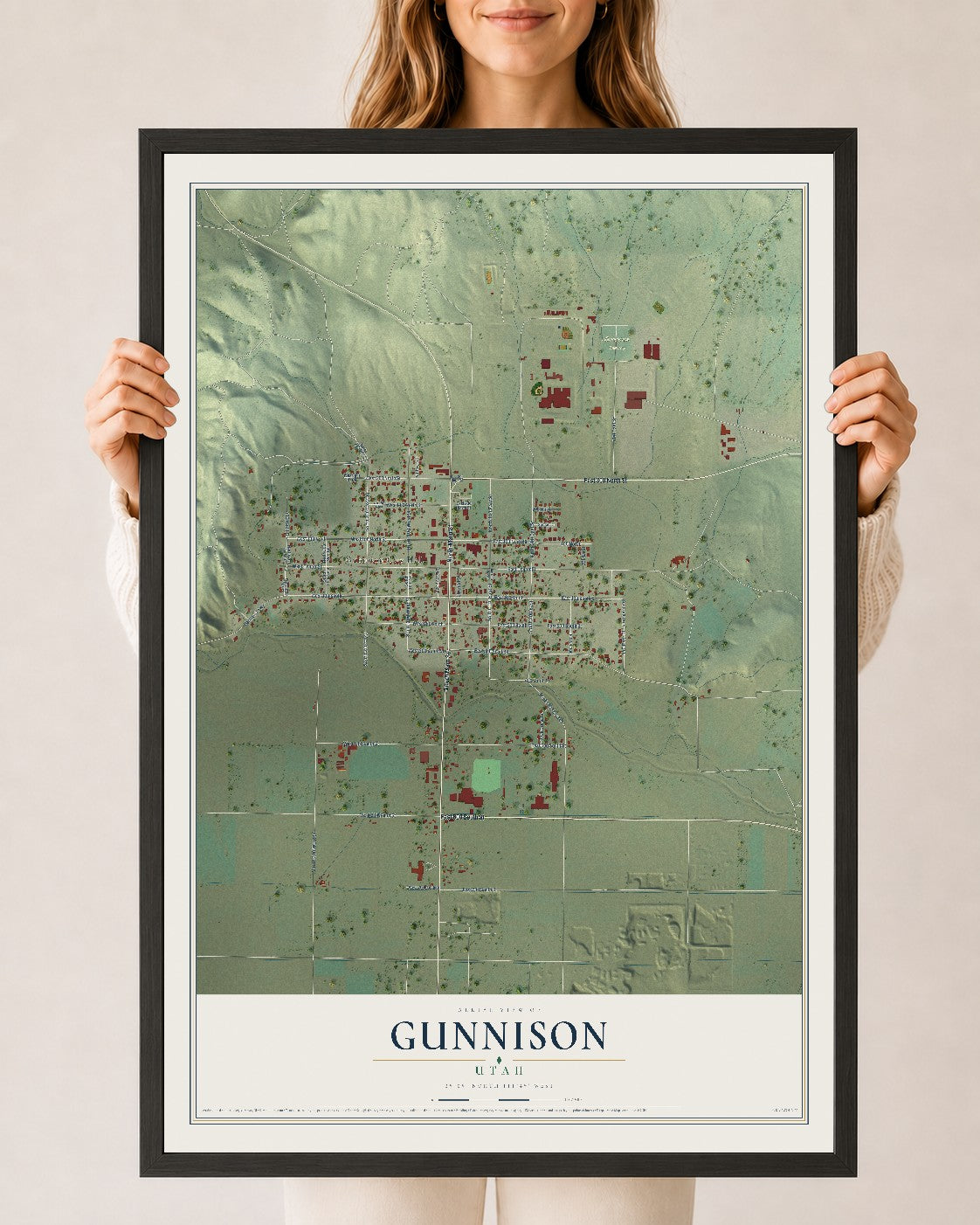 Map of Gunnison, Utah, 24 x 36 inch print in a black wood frame