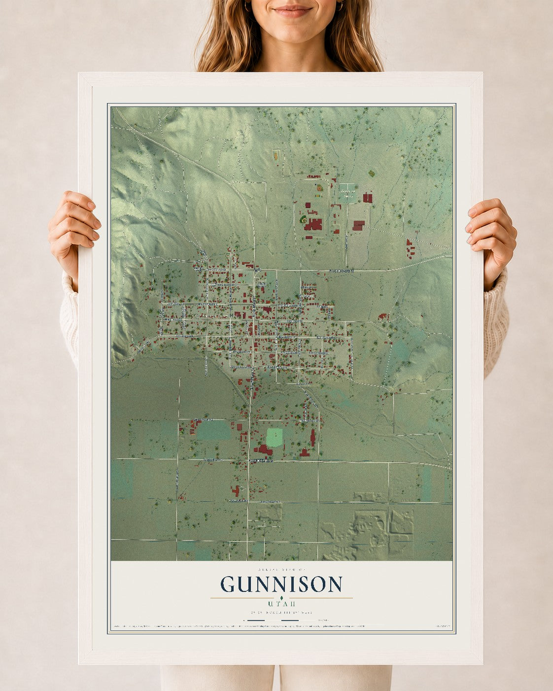Map of Gunnison, Utah, 24 x 36 inch print in a white wood frame