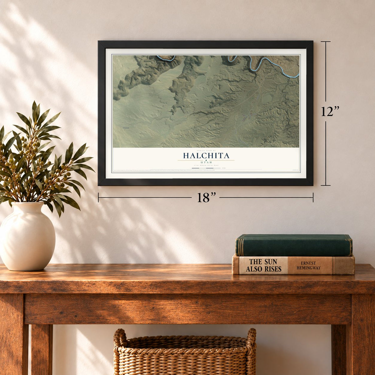 Halchita, Utah map, 12 x 18 inch print in a black frame in an entryway