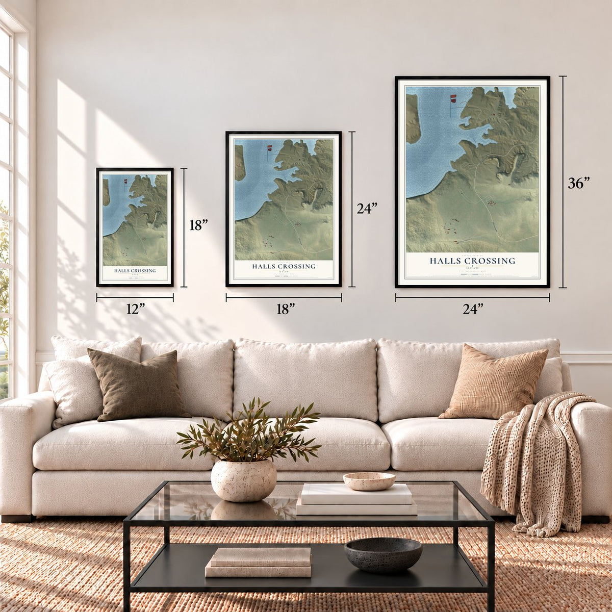 Halls Crossing, Utah map in 12 x 18, 18 x 24 and 24 x 36 inch sizes above a sofa