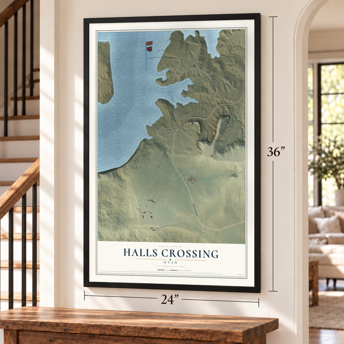 Halls Crossing, Utah map, 24 x 36 inch print in a black frame by a staircase