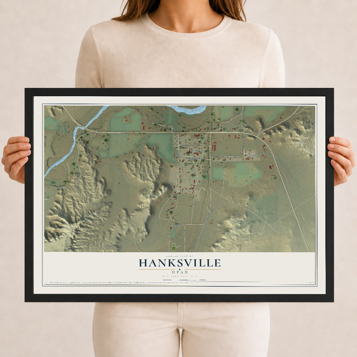 Map of Hanksville, Utah, 12 x 18 inch print in a black wood frame