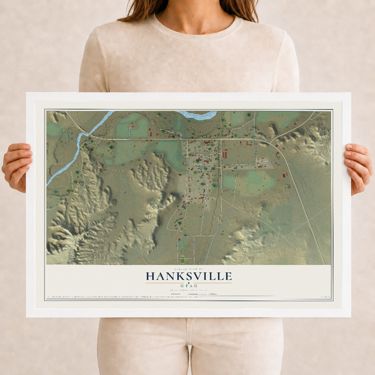 Map of Hanksville, Utah, 12 x 18 inch print in a white wood frame