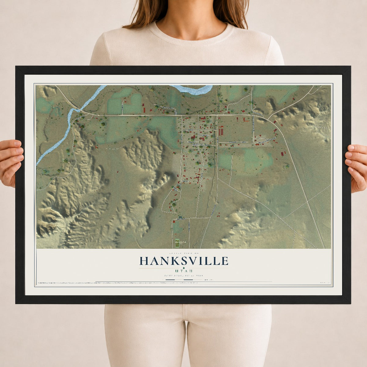 Map of Hanksville, Utah, 18 x 24 inch print in a black wood frame
