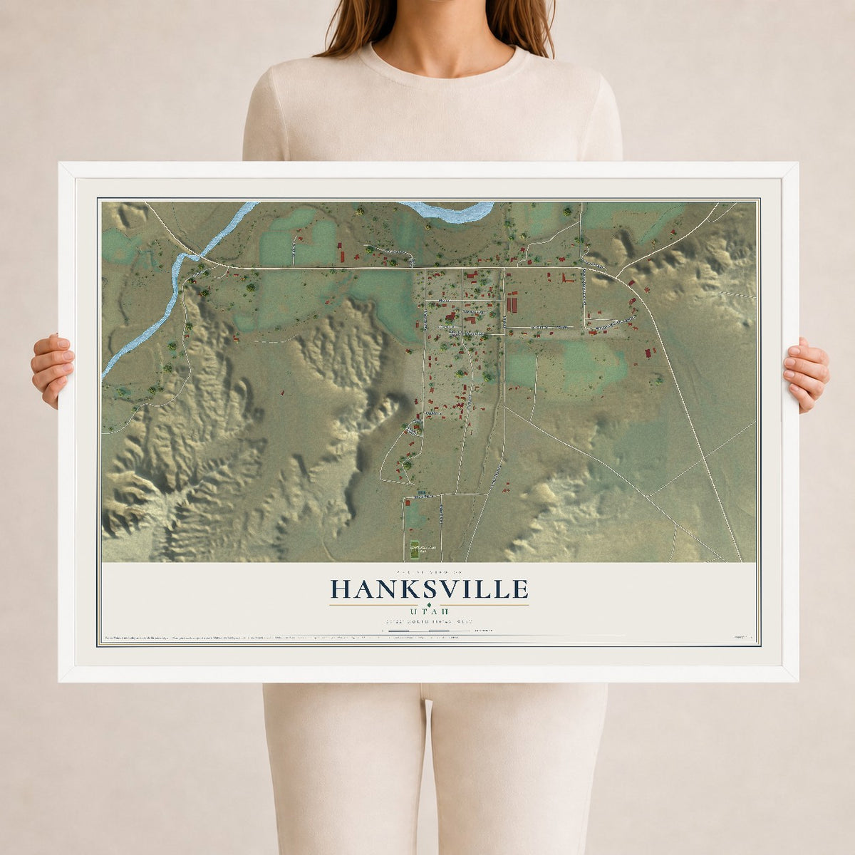 Map of Hanksville, Utah, 24 x 36 inch print in a white wood frame