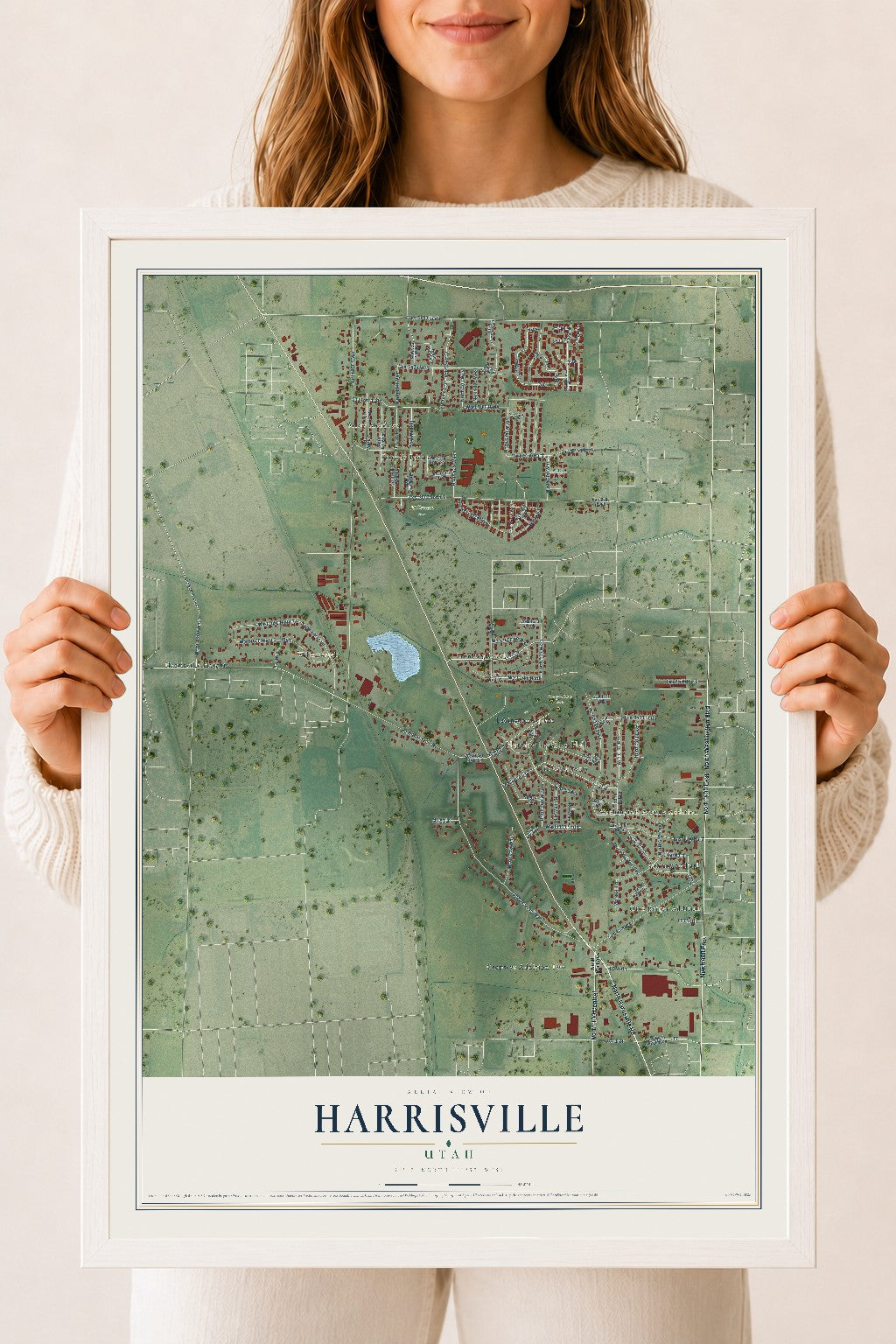 Map of Harrisville, Utah, 18 x 24 inch print in a white wood frame