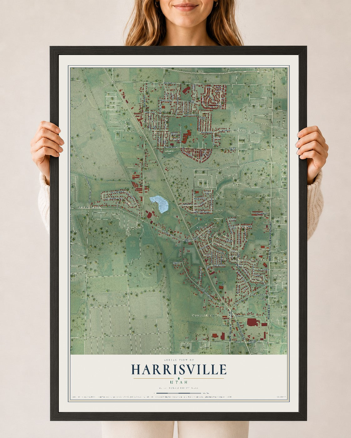 Map of Harrisville, Utah, 24 x 36 inch print in a black wood frame