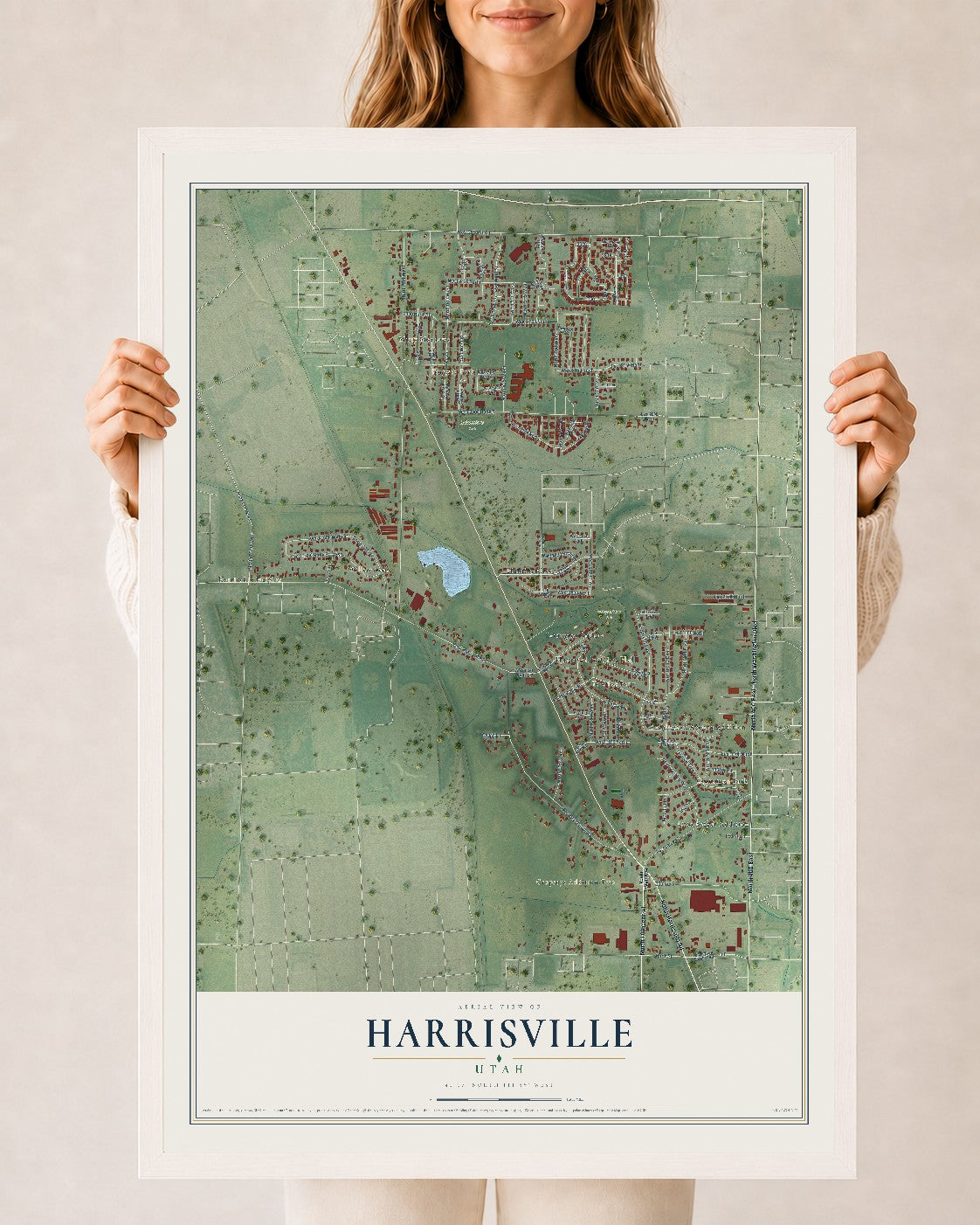 Map of Harrisville, Utah, 24 x 36 inch print in a white wood frame