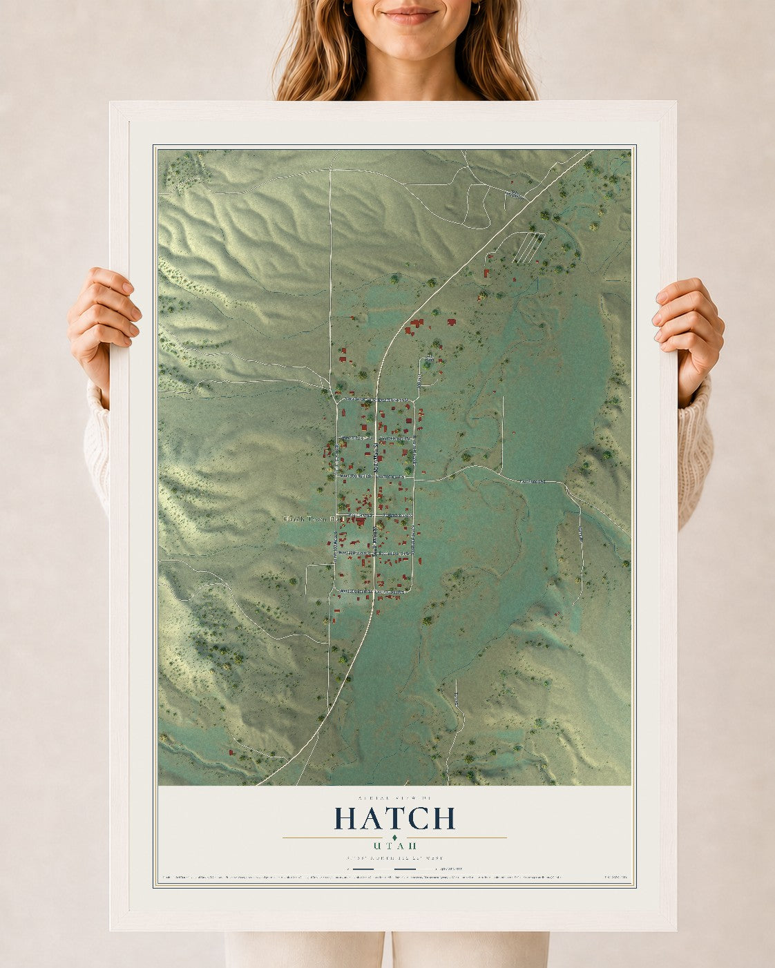 Map of Hatch, Utah, 24 x 36 inch print in a white wood frame