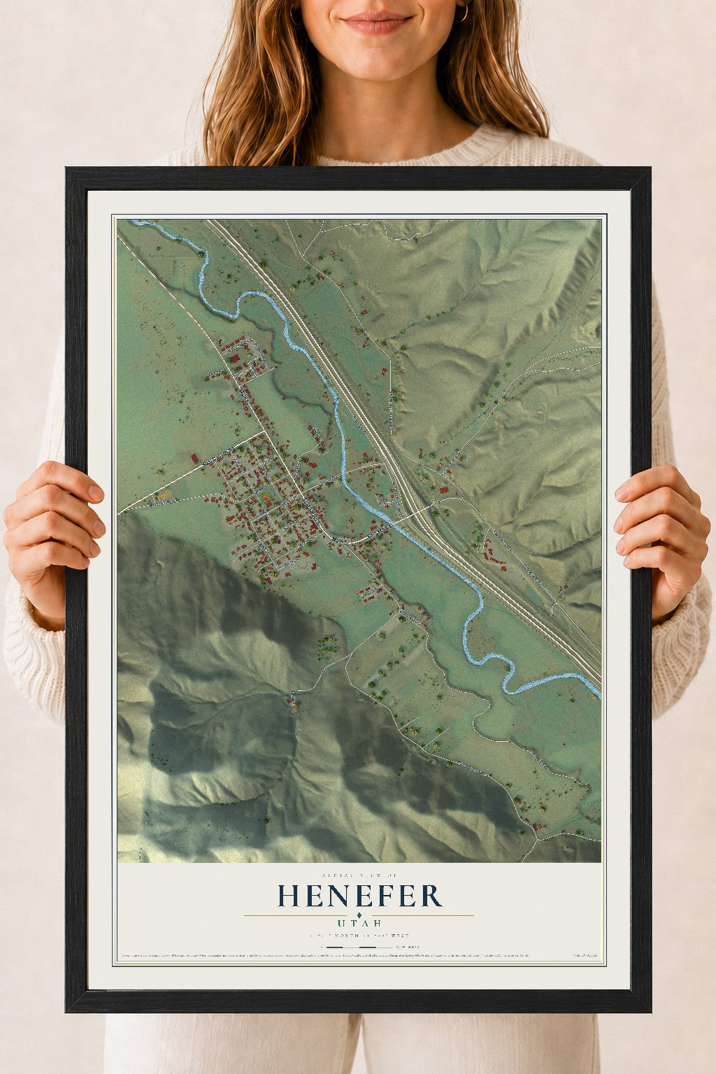 Map of Henefer, Utah, 18 x 24 inch print in a black wood frame