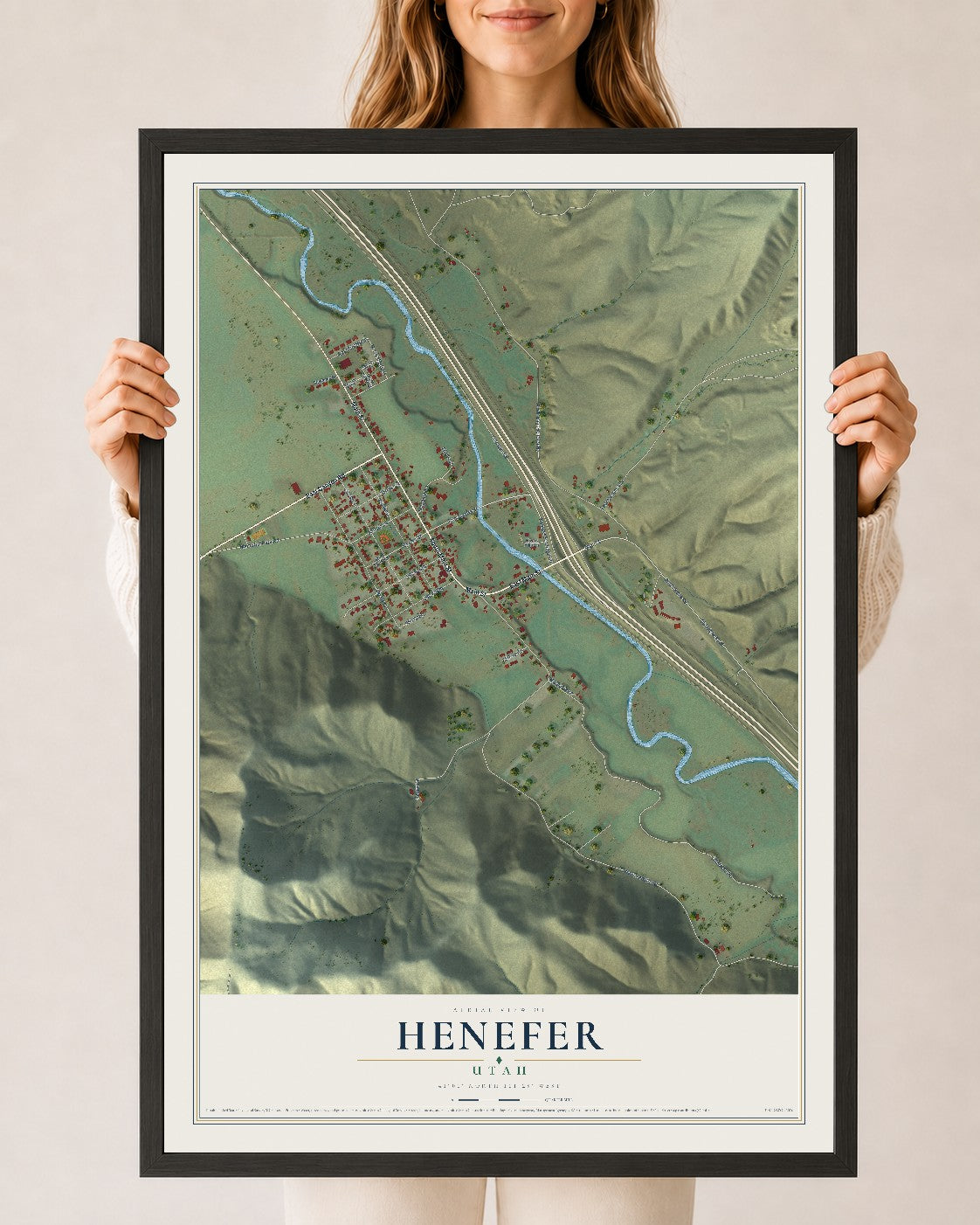 Map of Henefer, Utah, 24 x 36 inch print in a black wood frame