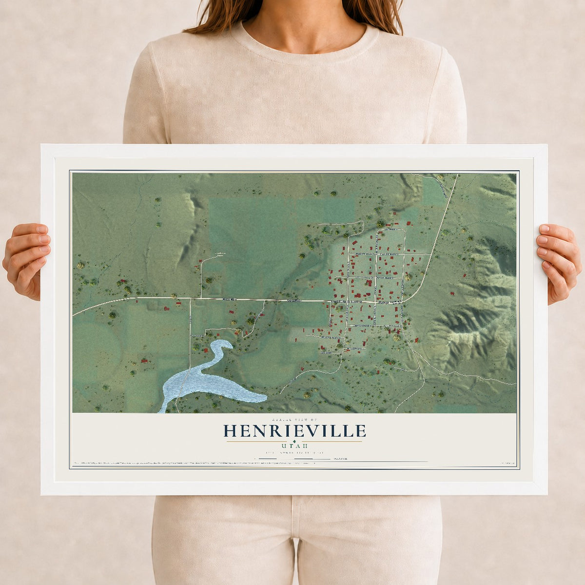 Map of Henrieville, Utah, 12 x 18 inch print in a white wood frame