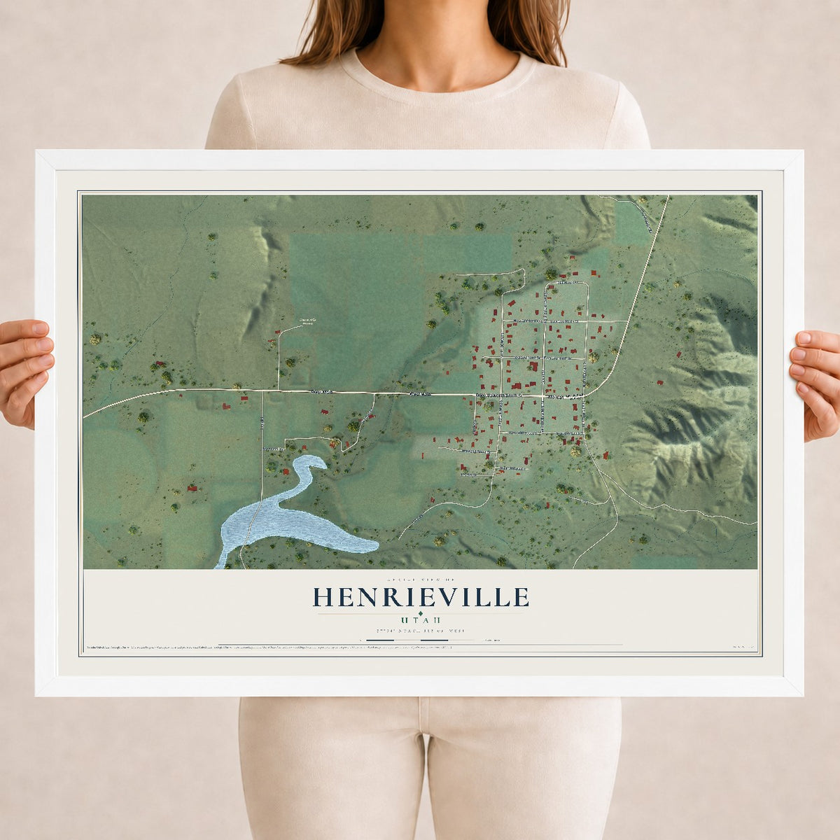 Map of Henrieville, Utah, 18 x 24 inch print in a white wood frame