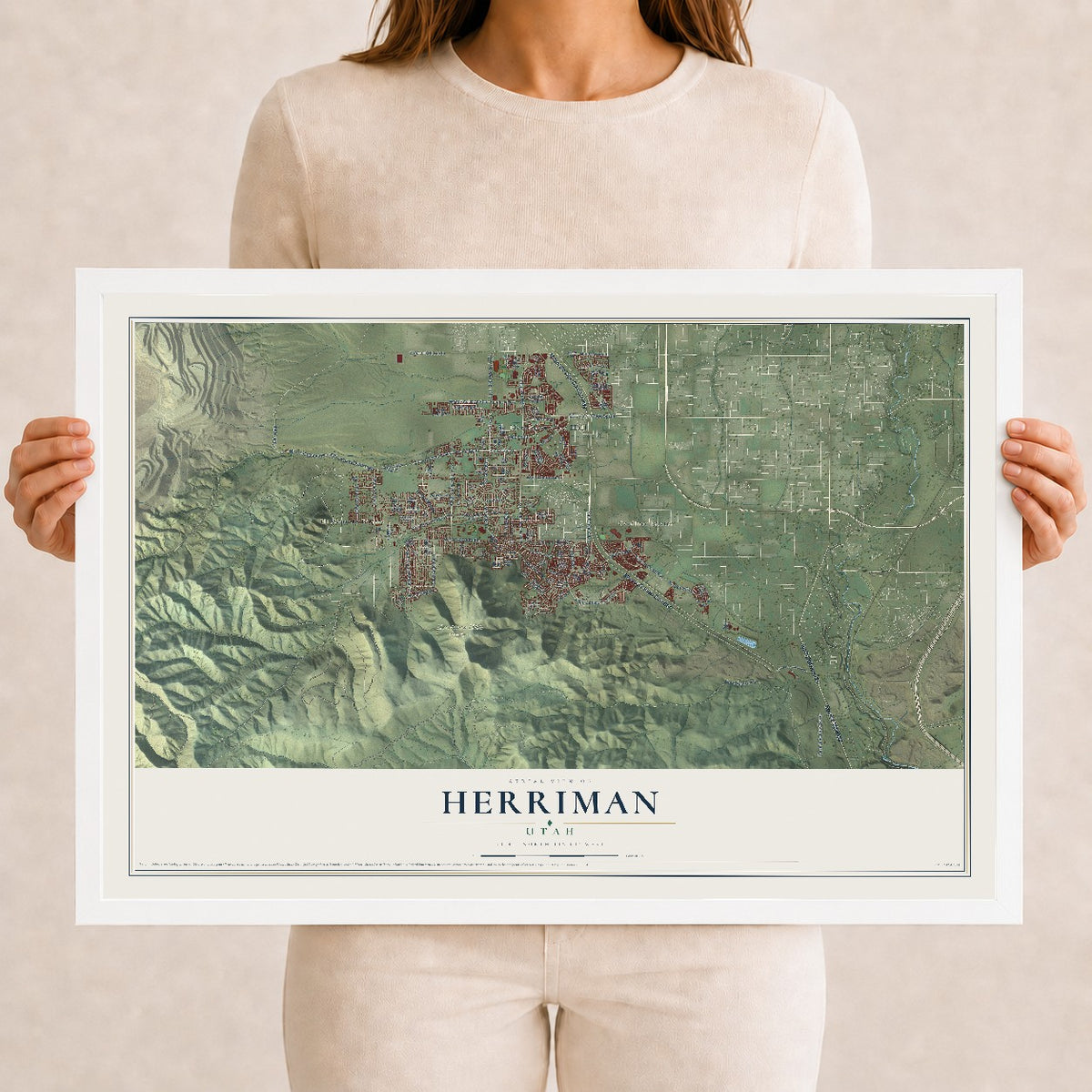 Map of Herriman, Utah, 12 x 18 inch print in a white wood frame