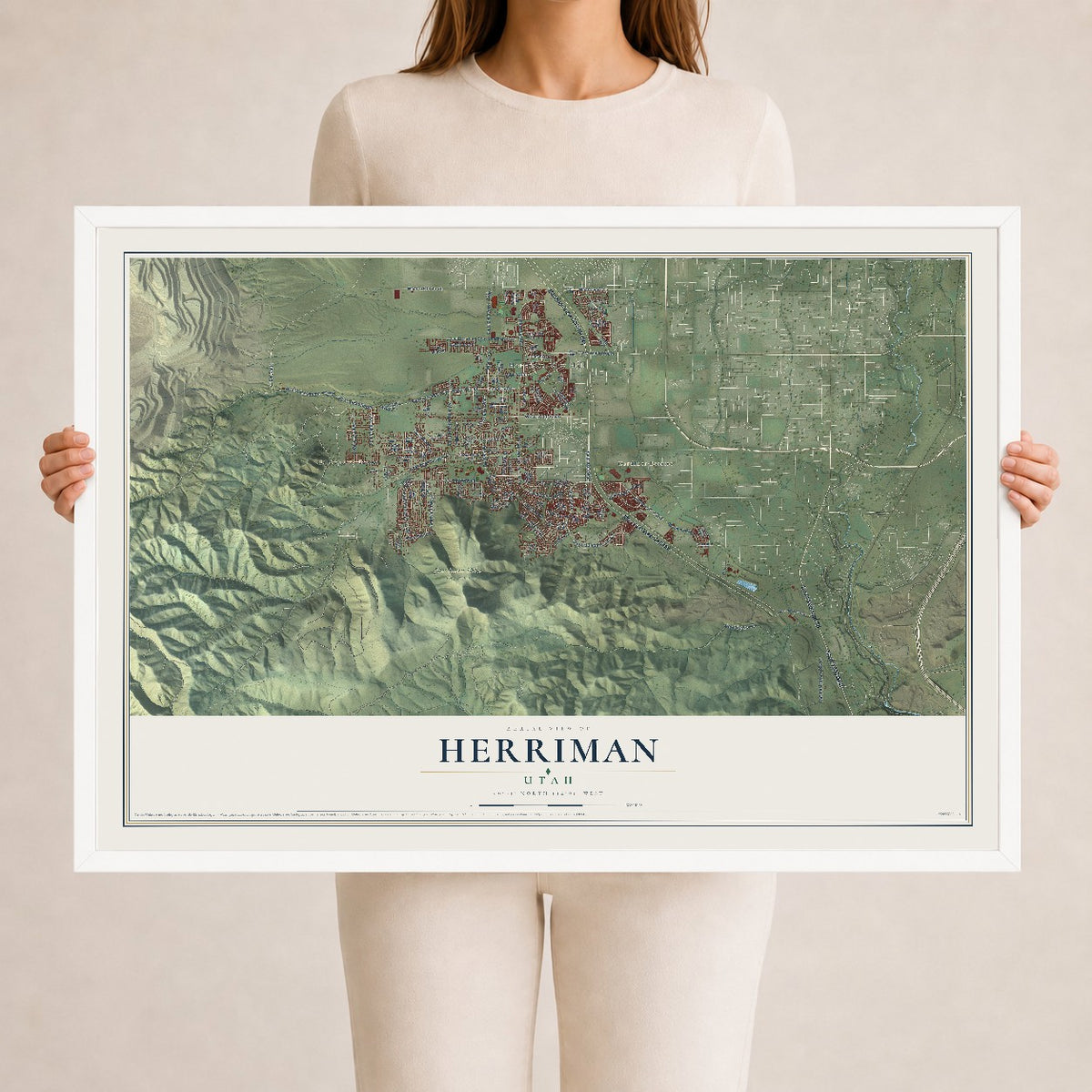 Map of Herriman, Utah, 24 x 36 inch print in a white wood frame