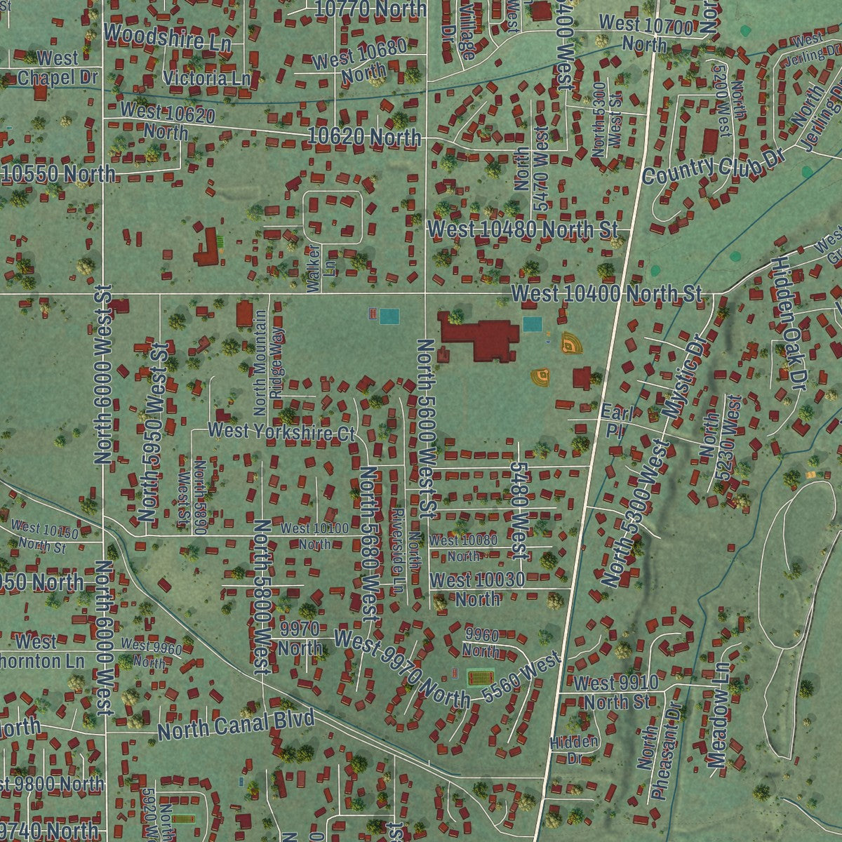 Close-up of the map of Highland, Utah print showing street and building detail