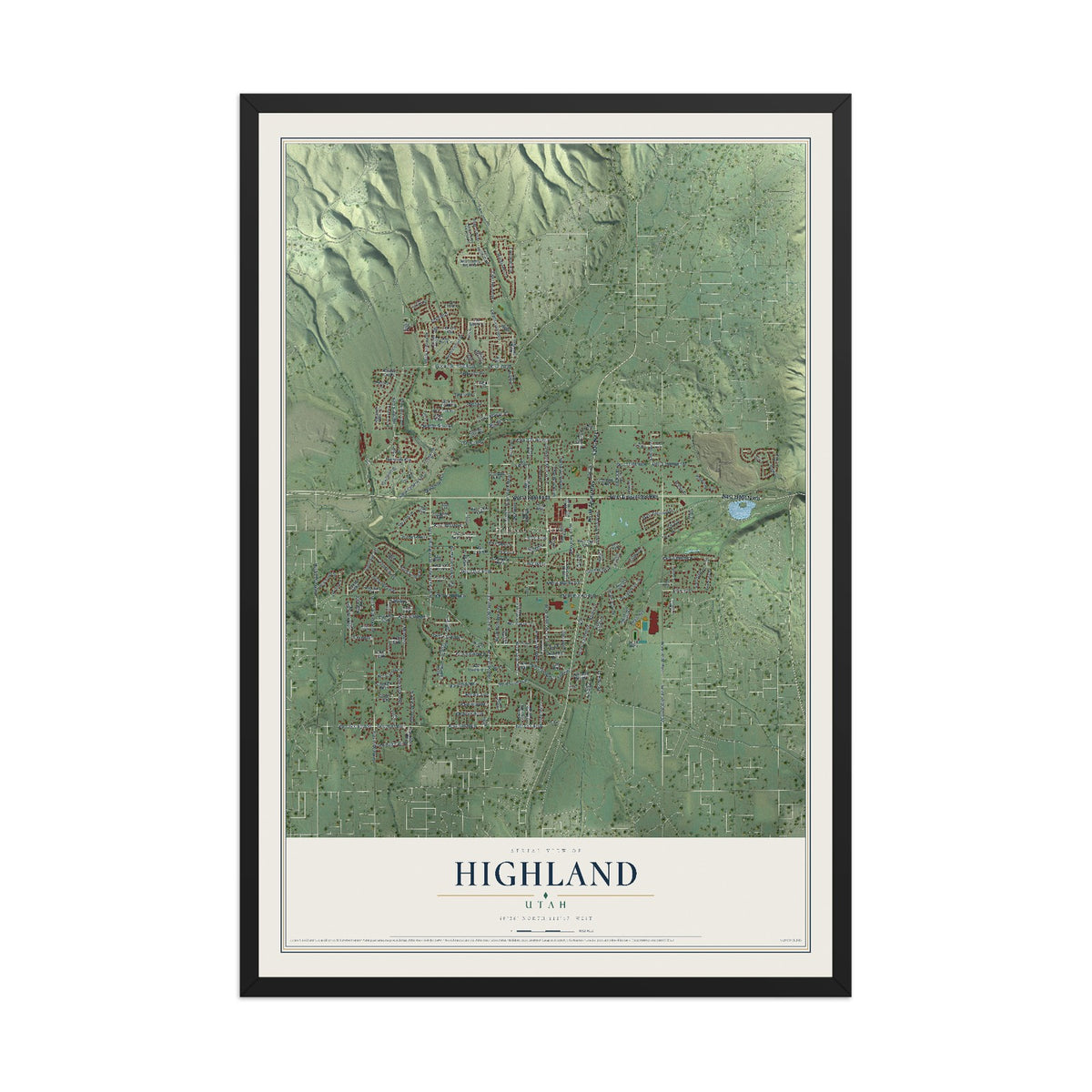 Map of Highland, Utah, 12 x 18 inch print in a black wood frame