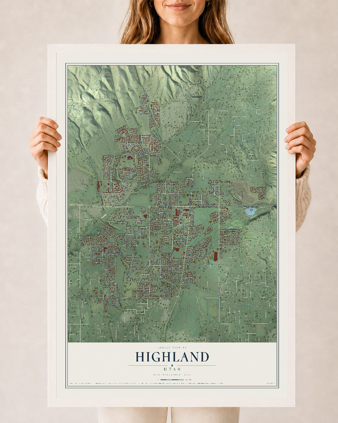 Map of Highland, Utah, 24 x 36 inch print in a white wood frame