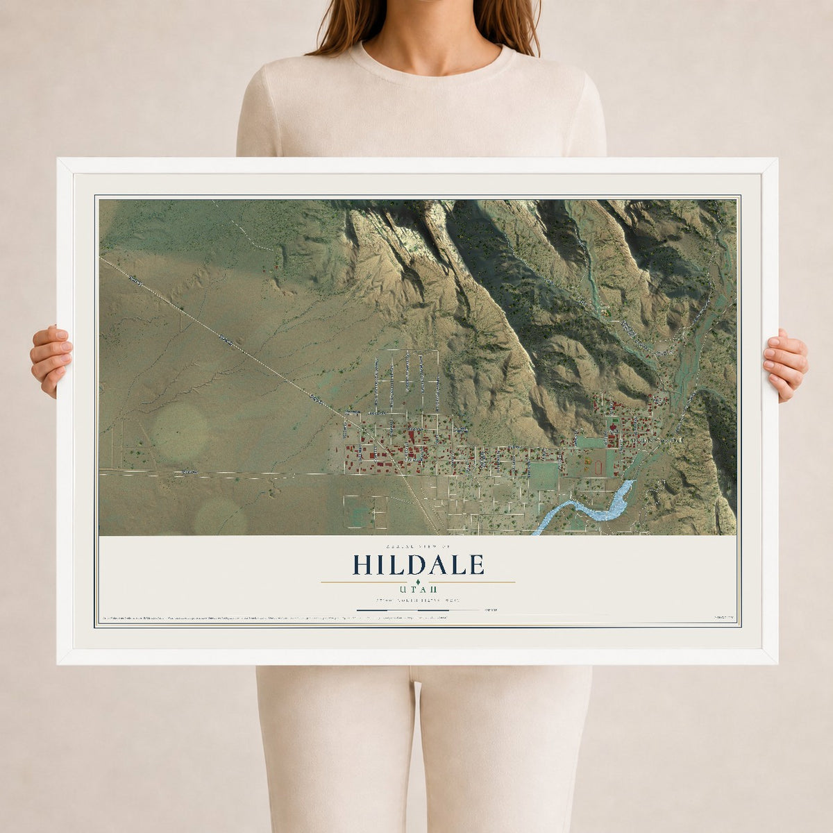 Map of Hildale, Utah, 24 x 36 inch print in a white wood frame