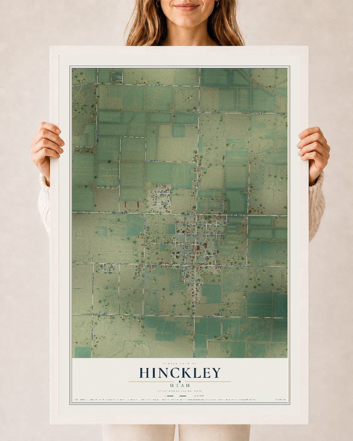 Map of Hinckley, Utah, 24 x 36 inch print in a white wood frame