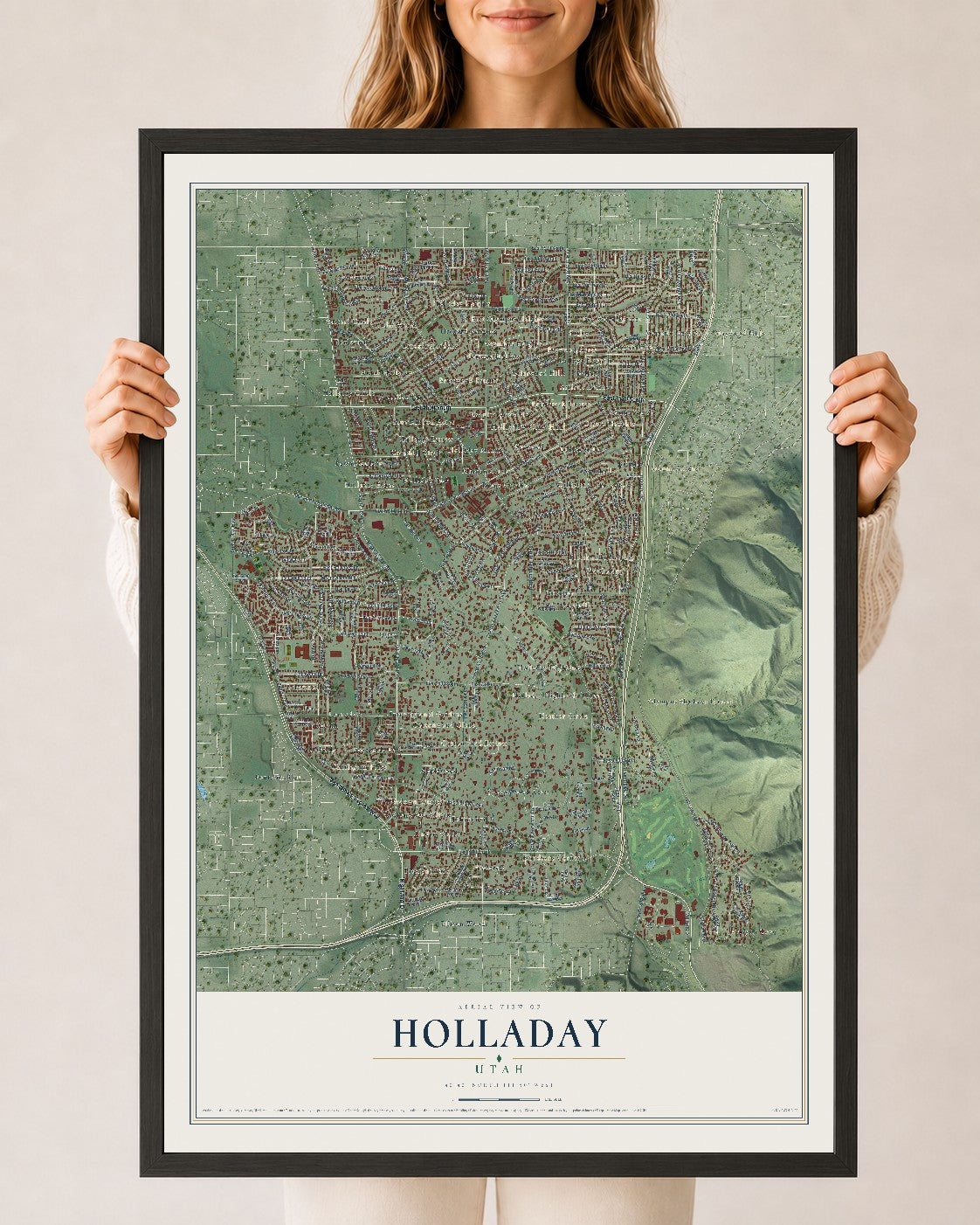 Map of Holladay, Utah, 24 x 36 inch print in a black wood frame