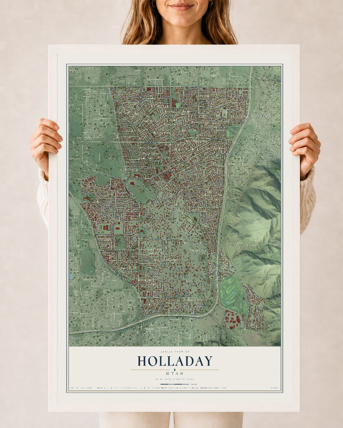 Map of Holladay, Utah, 24 x 36 inch print in a white wood frame