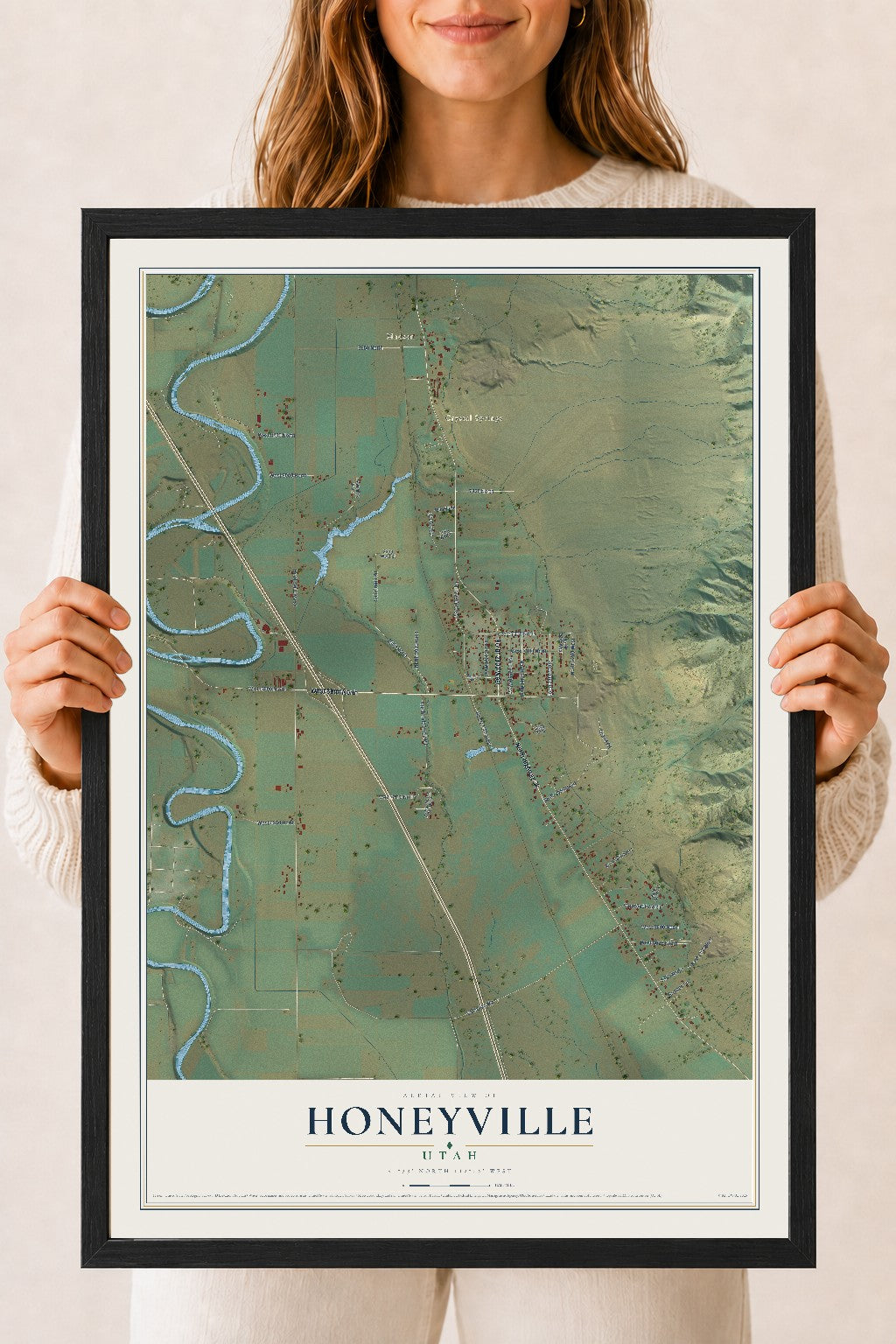 Map of Honeyville, Utah, 18 x 24 inch print in a black wood frame