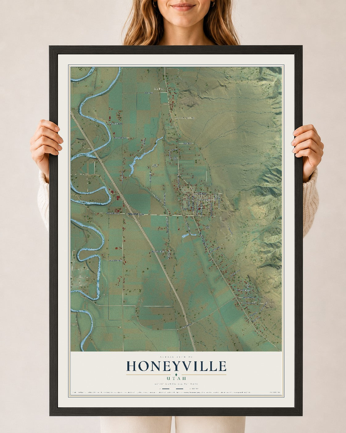 Map of Honeyville, Utah, 24 x 36 inch print in a black wood frame
